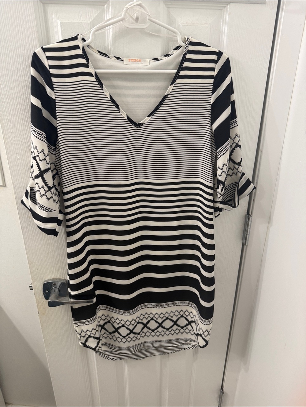 Women's Black & White Striped V-Neck Top